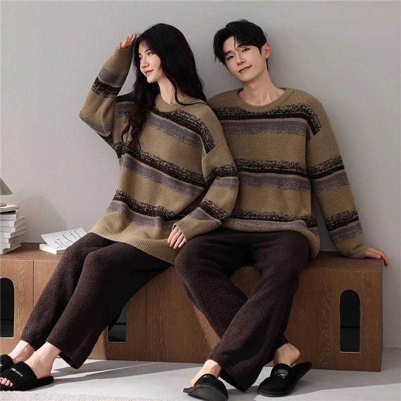 赤字開催 ペアパジャマ もこもこ 冬 男女2着 セット 厚手 ソフト 防寒 uネック カップル ストライプ パジャマ ルームウェア グラデーション 韓国 おしゃれ ペア 長袖 クルーネック レディース