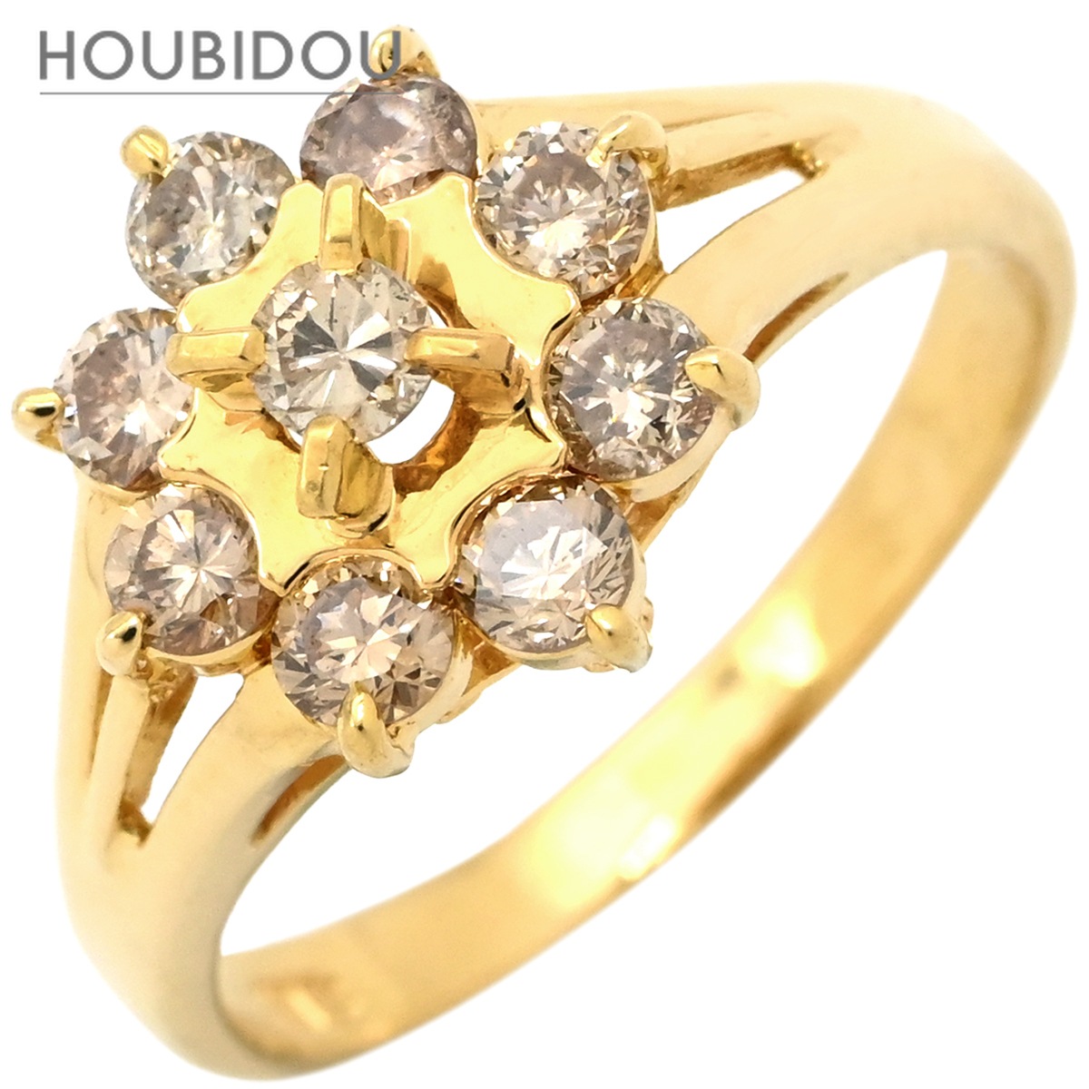 リング 指輪 ダイヤ 0.73ct イエローゴールド Au750 18K 18金 9P 9石 9粒 フラワーモチーフ 花 クラスターセッティング 11.5号【中古】