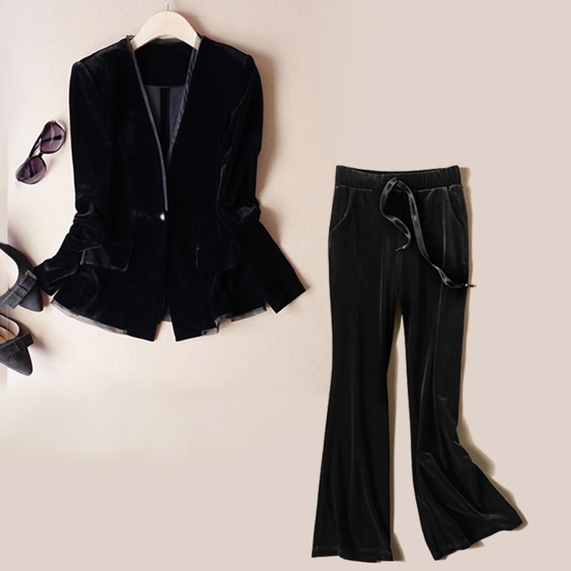 セットアップ ツーピース トップス パンツ ベスト ズボン スーツ チョッキ ハイウエスト ウエストゴム 調整紐 ポリエステル ベルベット スパンデックス 上下セット 2点セット シンプル 大人 上品
