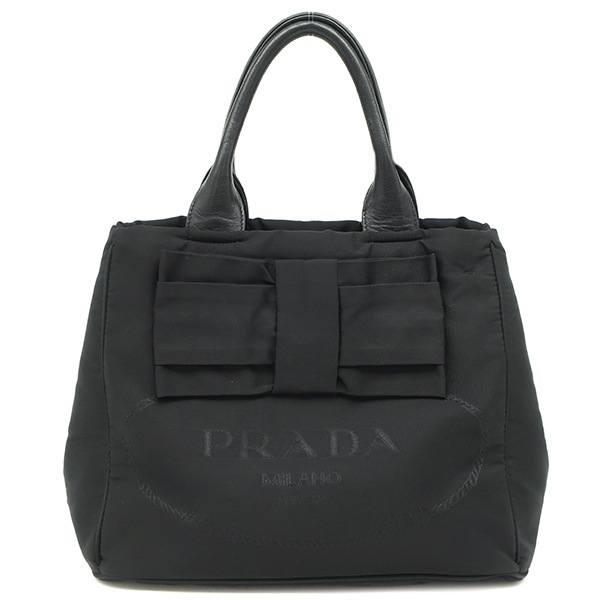 プラダ PRADA 2WAYバッグ ロゴ リボン ナイロン レザー NERO シルバー金具 ハンドバッグ ショルダー 三角ロゴプレート 黒 1BG027【中古】