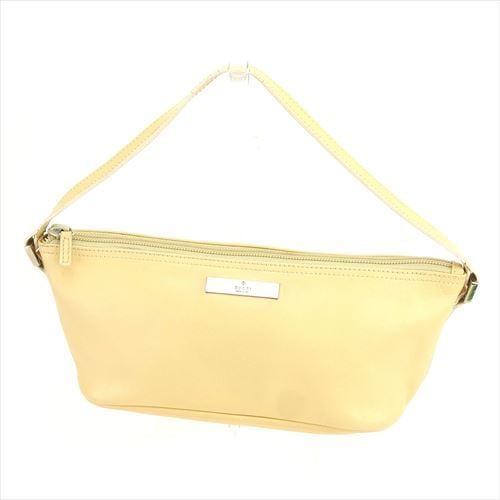 ハンドバッグ アクセサリーポーチ ロゴプレート ベージュ シルバー 中古