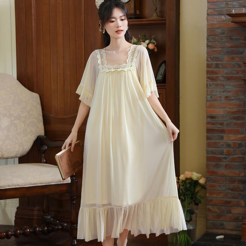 シースルー ネグリジェ レディース ルームワンピース パジャマ モーダル ルームウェア ロング丈 長袖 ナイトウェア 部屋着 お寝巻き レース お姫様気分にパジャマ上下セット