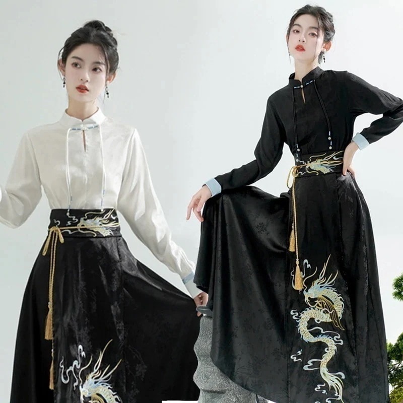 中華シャツ+ロングプリーツスカート 刺繍 中華服 中華コスプレ衣装 レディースチャイナ漢服 改良漢服唐装 コスム ハロウィン衣装 龍柄 タンチョウ エスニック ブラウス スカート時代劇