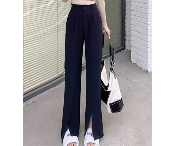 レディース パンツ ボトムス フルレングス スリム 細身 ストレート ドレープ スリット ハイウエスト ウエストゴム かわいい 大人可愛い きれいめ シンプル カジュアル 上品 おしゃれ かっこいい