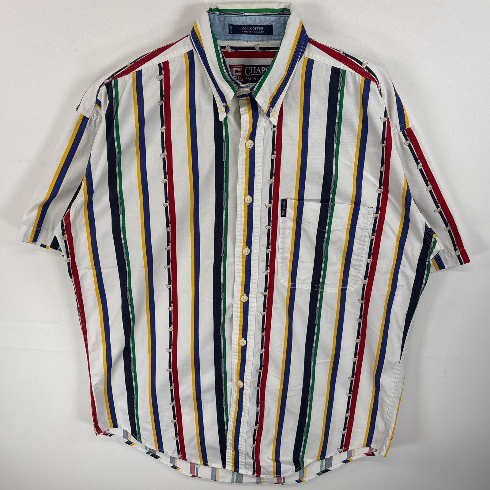 古着 90s/90年代 チャップスラルフローレン CHAPS RALPHLAUREN 半袖シャツ マルチストライプ ワンポイント ロゴ ゴルフ柄 M ホワイト系 総柄 メンズ