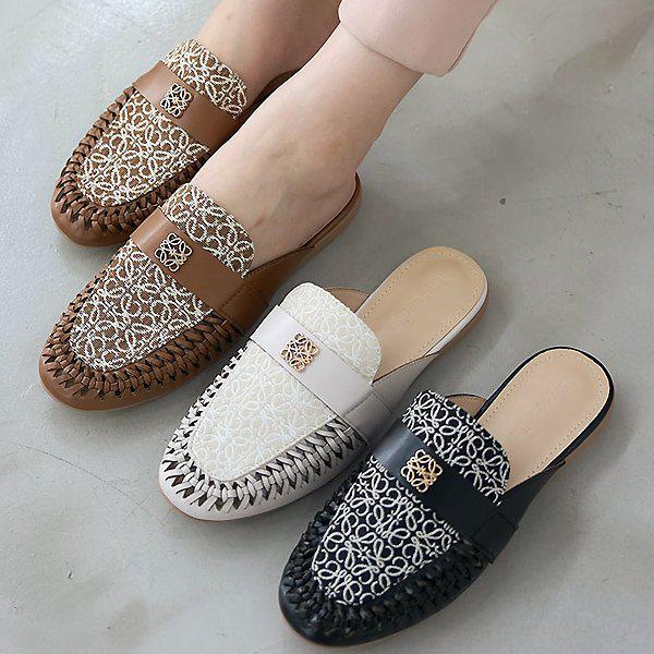 刺繍ロゴ 女性 レディース フラットシューズ ブロファー スリッパ 2.5cm smmg06_P365245841