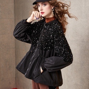 ジャケット レディース 上着 袖あり 長袖 Uネック スパンコール ポリエステル かわいい