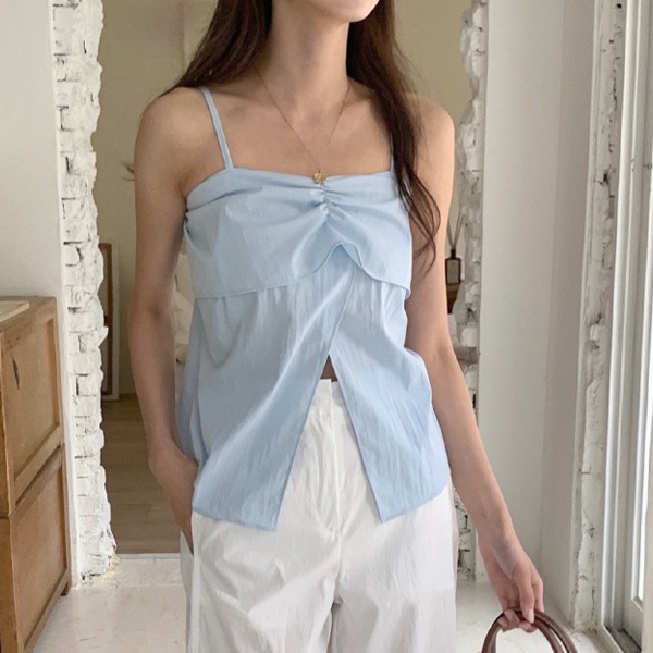 韓国ファッション 前開き ねじり プリーツ リボン 紐袖なし ブラウス 5,339円