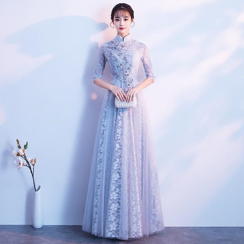 パーティードレス ロング丈 結婚式 ワンピース ドレス 袖あり レース チャイナドレス フォーマル 上品 大きいサイズ お呼ばれ 二次会 発表会 20代 30代 40代