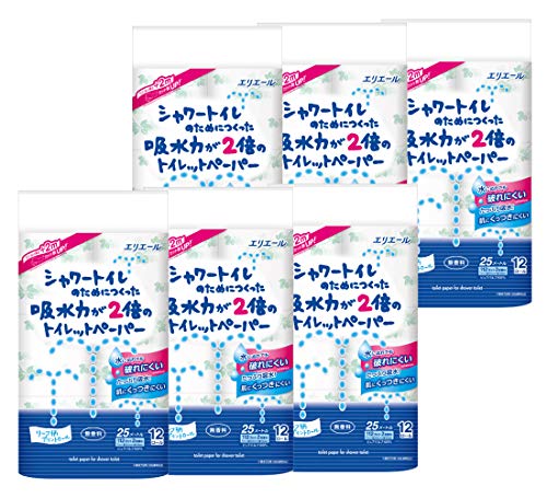 シャワートイレのためにつくった吸水力が2倍のトイレットペーパー 25m(112シート)×72ロール(12ロール×6パック)ダブル パルプ100% 【ケース販売】
