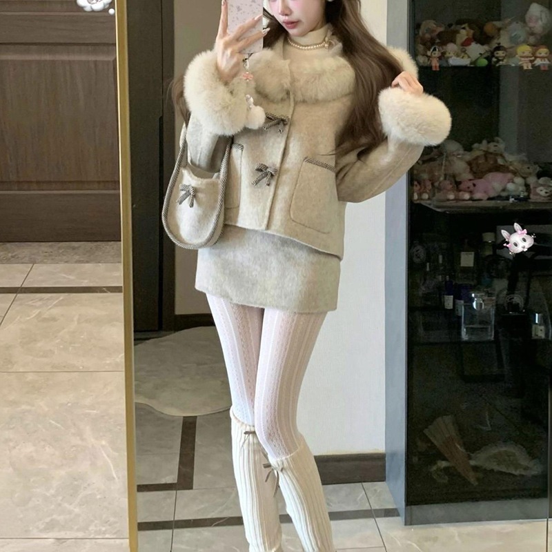 フレンチ風セット 毛足カラーコート＆プリーツスカート セットアップ デート