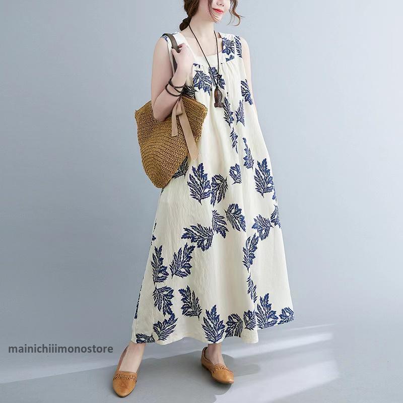 ワンピース レディース 綿 リゾートワンピ ノーカラー ノースリーブ ハワイアン 夏 ロングワンピース マキシワンピ マキシワンピ リゾート リゾートワンピース