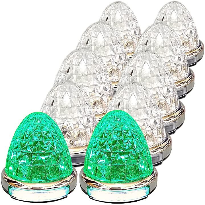 カスタマイズ 12V 24V トラック用 LED マーカーランプ 路肩灯機能付 サイド メッキリング 5面クリスタルカット仕様 22LED 汎用(グリーン, 10個セット)