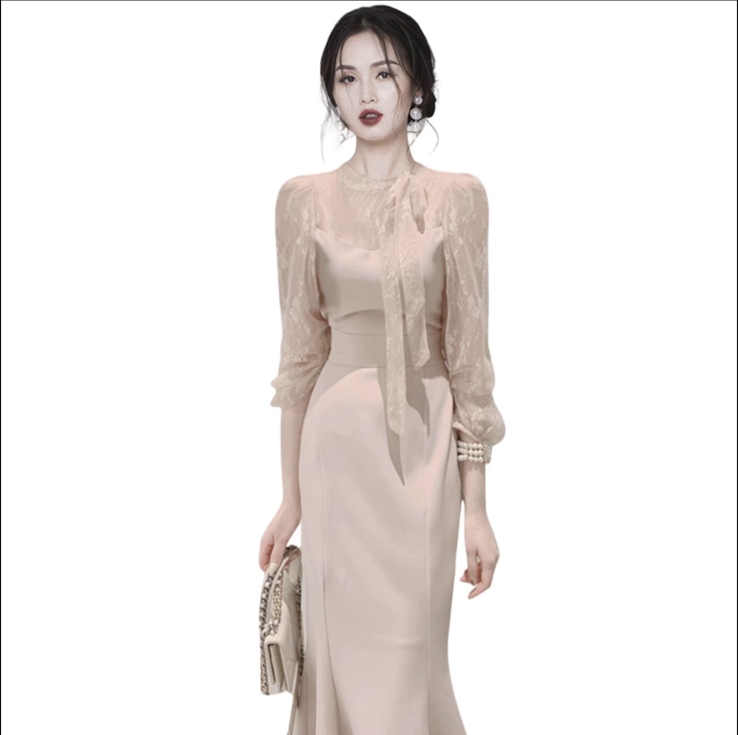 ワンピース レディース ワンピドレス ロジスワンピ 個性的 春服 夏服 秋服 冬服 ミモレ 長袖 二の腕カバー フレア袖 レース袖 袖あり クルーネック 丸首 Uネック ラウンドネック リボ