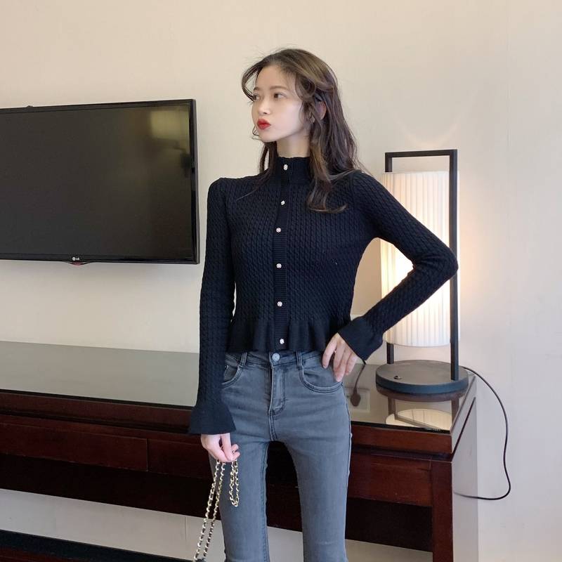 レトロ ハイネック カーディガン レディース セーター 3色 バブルスリーブ シングルブレスト ニット レイヤード フレア裾 ジャケット クロップ丈 ショート丈 キャンリーブ パフスリーブ アプリコッ