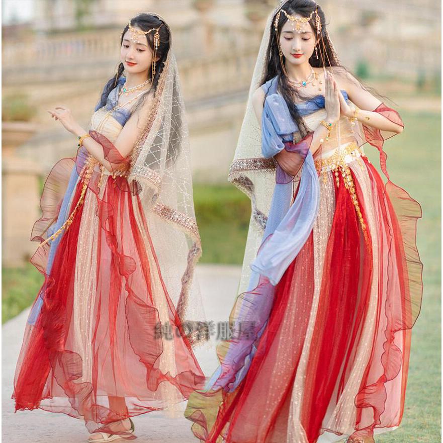 アラビアン衣装 唐時代 宮廷 古典ダンス衣装 中華風 アラジン ジャスミン風 コスプレ衣装 飛天 天女 飄々 ダンス 衣装 配色 光沢 きらきら ベリーダンス ア30%までに制限