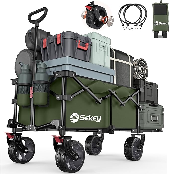 後ろ開け 長物対応 大容量185L 耐荷重150kg 【収納サイズが類似品で最小級】【ベアリング搭載の大型ノーパンクタイヤ】【ブレーキ付き】アウトドアワゴン 軽量 キャリーワゴン ワンタッチ収束型 自