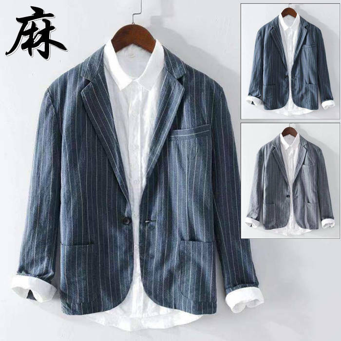 サマージャケット 綿麻 テーラードジャケット メンズジャケット 一つボタン ブレザー ストライプ柄 リネンジャケット カジュアルジャケット 薄手 細身 春 夏 秋服 アウター 紳士品 涼しい 背広 半