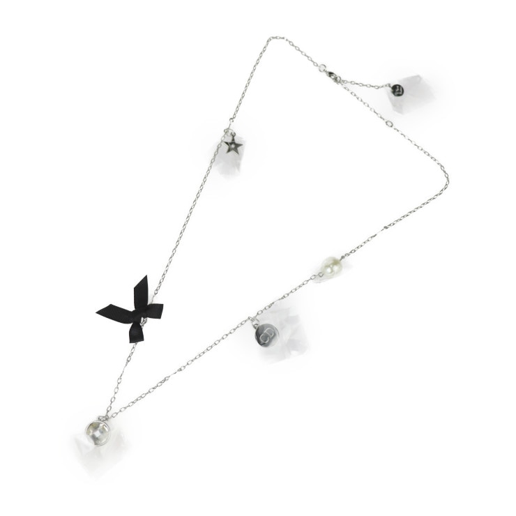 超美品 Christian Dior クリスチャンディオール ネックレス - ネックレス Dior Beauty メタル フェイクパール ビジュー シルバー ブラック リボン【本物保証】