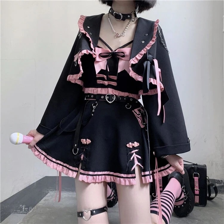 Qoo10限定 セーラー服 ロリータブラックパウダースウィートクールデイリーロリータドレススーツ 夏 ドレス 制服 コスプレ