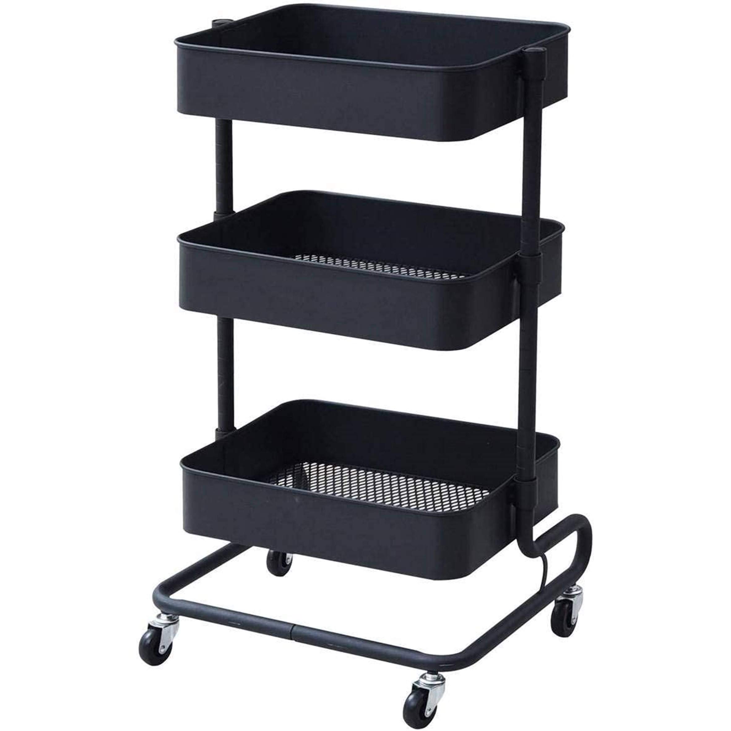 山善(YAMAZEN) キッチンワゴン 高さ調節可能 全体耐荷重60k メッシュタイプ キャスター付き 幅46×奥行38×高さ81cmg バスケットトローリー 組立品 ブラック LBT-3(BK)
