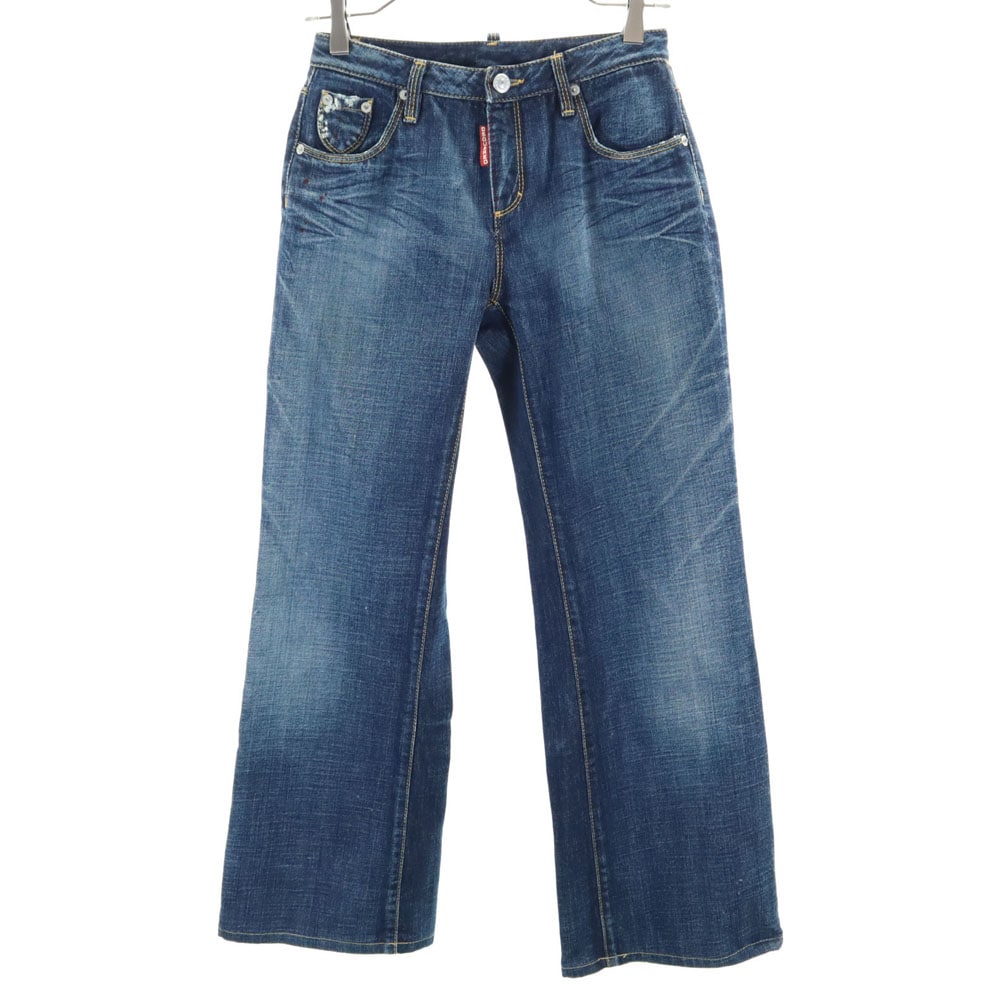 イタリア製 ワイド デニムパンツ 40 インディゴ ジーンズ ペンキ ヴィンテージ加工 レディース