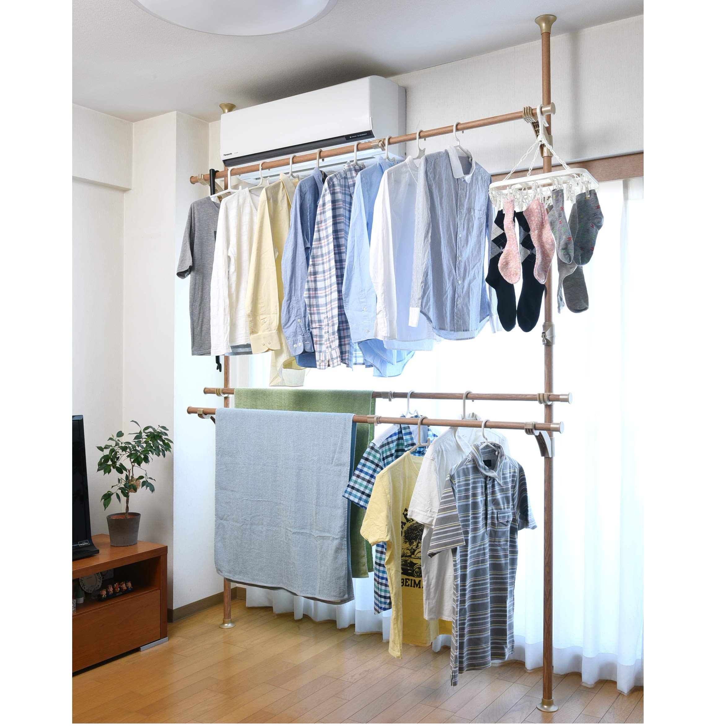 山善(YAMAZEN) 布団も干せる 簡単設置 窓際 突っ張り物干し ハンガーラック ナチュラル(木目調) WJM-3(GNA)
