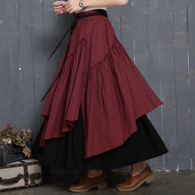 スカート ロング丈 レディース チェック 春秋 不規則 ロングスカート ボトムス マキシスカート