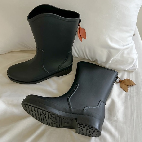 レインブーツ ミドルブーツ ウエスタンブーツ 葉 モチーフ レディース 黒 長靴 雨具 防水