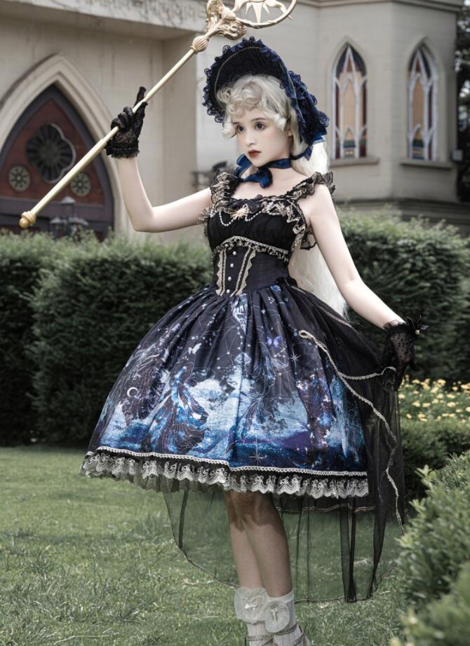 ジャンパースカート ロリータ ワンピース ゴシック＆ロリータ ドレス ゴスロリ ロリータ服 暗黒系 お姫様 ロリータドレス ショート丈 膝丈 裾フリル レース バックリボン ロングチュール 華やか L