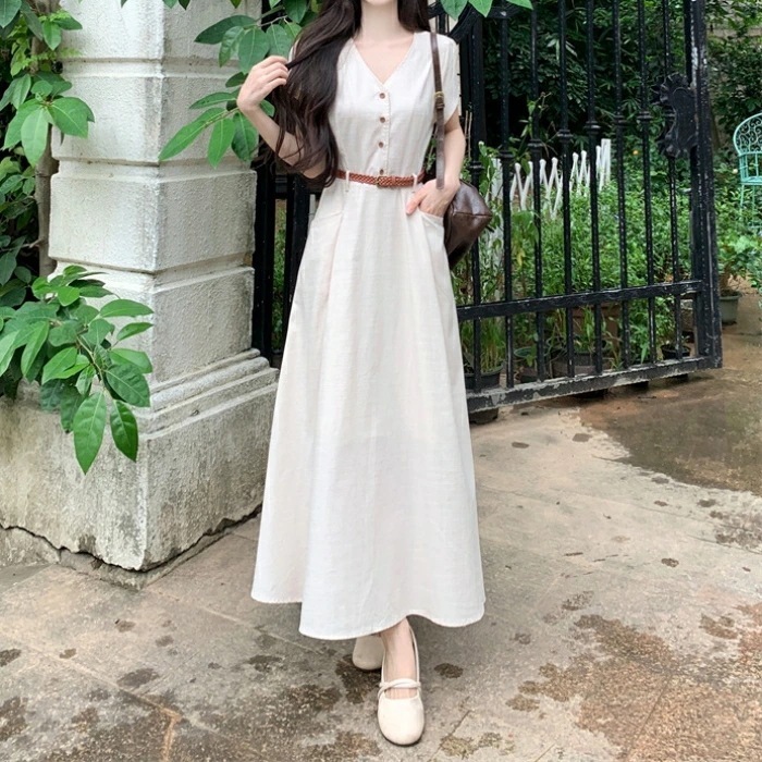 ワンピース ワンピ ドレス シャツワンピ 袖あり レディース エレガント きれいめ カジュアル 大人 可愛い フェミニン Aライン ロング丈 ウエストベルト シンプル ナチュラル Vネック ブルー 青