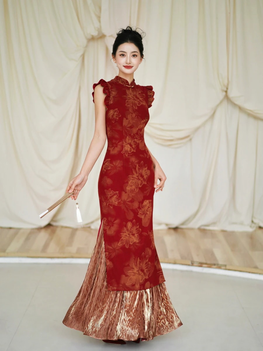 新しい中国風「幸せな歩みと蓮」赤い婚約ドレス結婚式のトーストドレスフィッシュテールのチャイナドレス