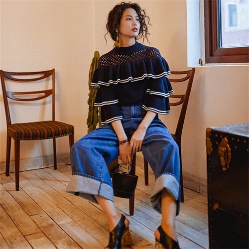 秋冬INS 新作 カジュアル レトロ ニット生地 フリル プルオーバー セーター/カットソー ネイビブルー/フリーサイズ 3495 4,801円