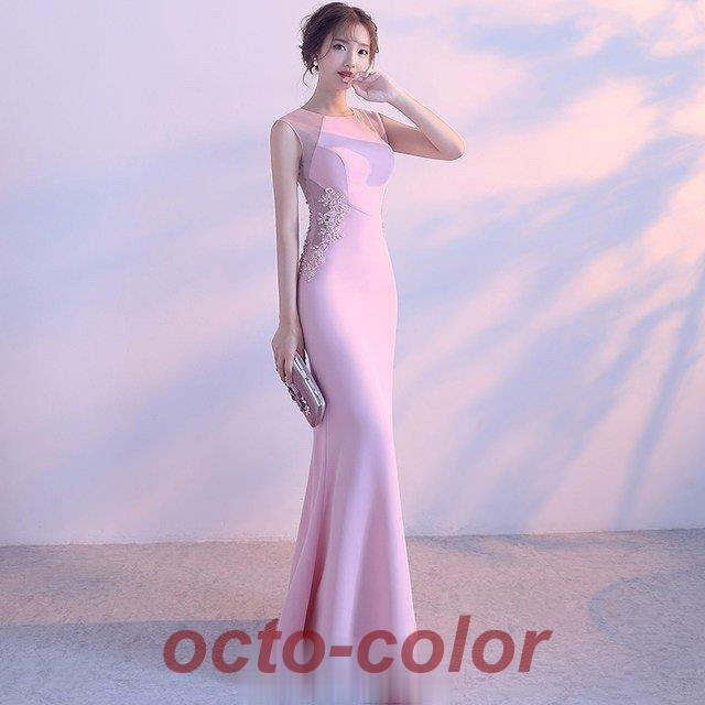 パーティードレス ノースリーブ スレンダーライン ロングドレス ピンク 二次会 タイト お洒落 演奏会 成人式 お呼ばれ 20代 30代 40代