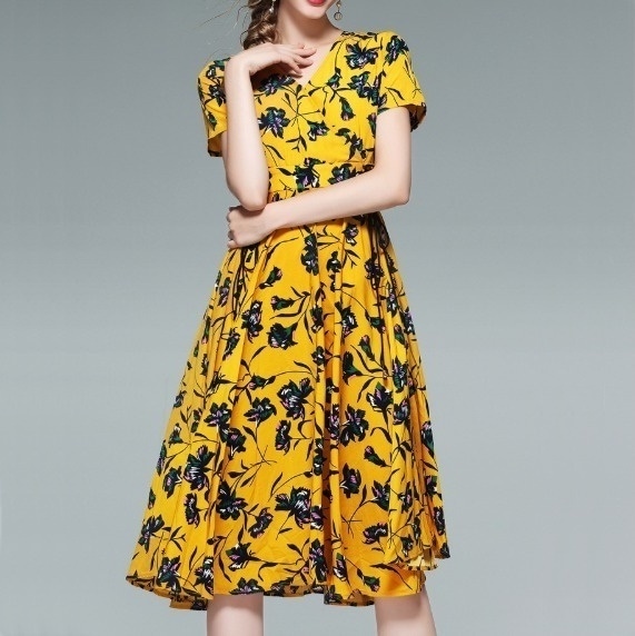 パーティーワンピース プリント 花柄 ネック 半袖 Aライン 膝下丈 ミディ丈 フレア 鮮やか エレガント フェミニン パーティー 結婚式 二次会 お呼ばれ フォーマル 2018年新作