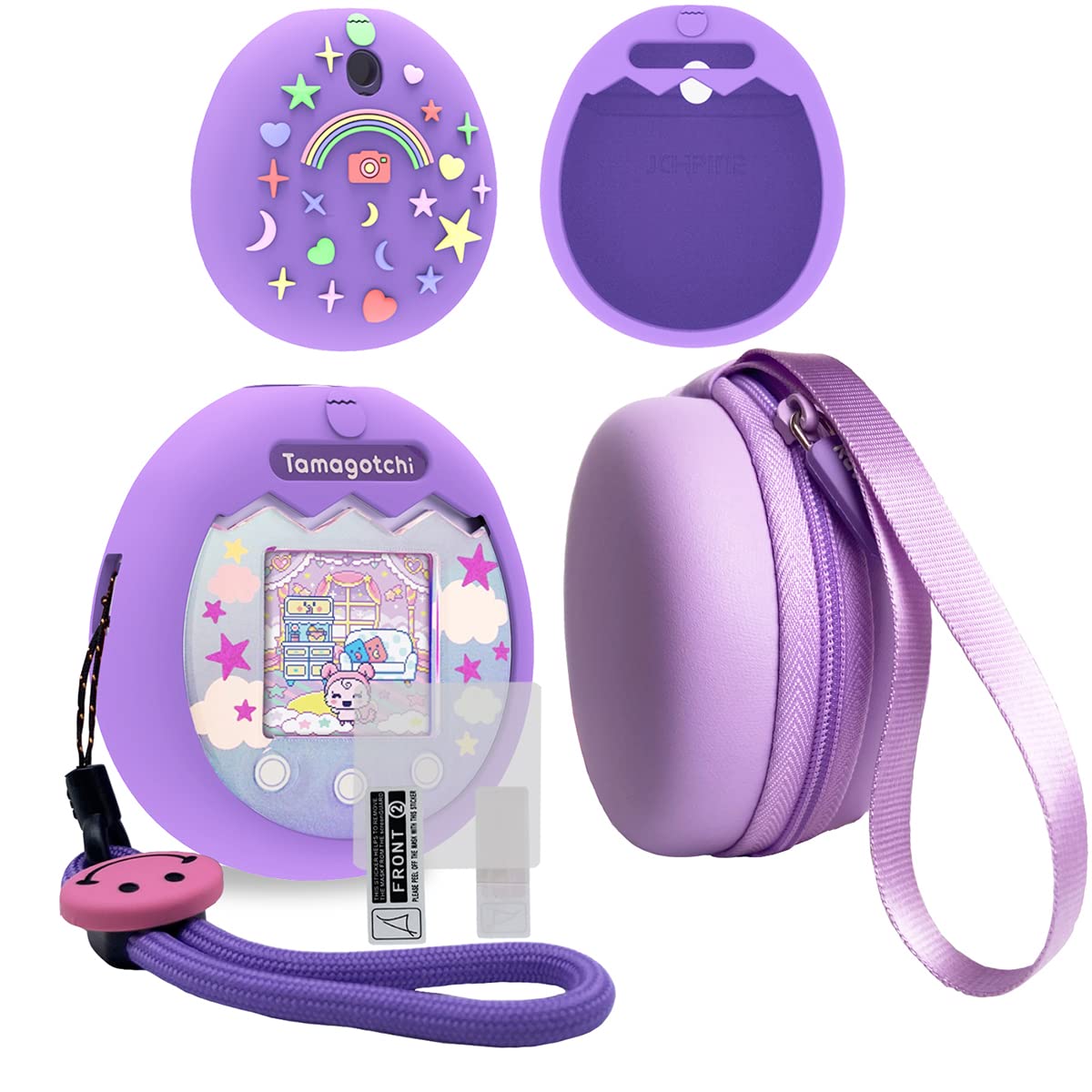 JCHPINEハードキャリングケースとシリコンカバー Tamagotchi Pixインタラクティブバーチャルペットゲームマシン対応 Tamagotchi Pixアクセサリー用スクリーンプロテクター(パ