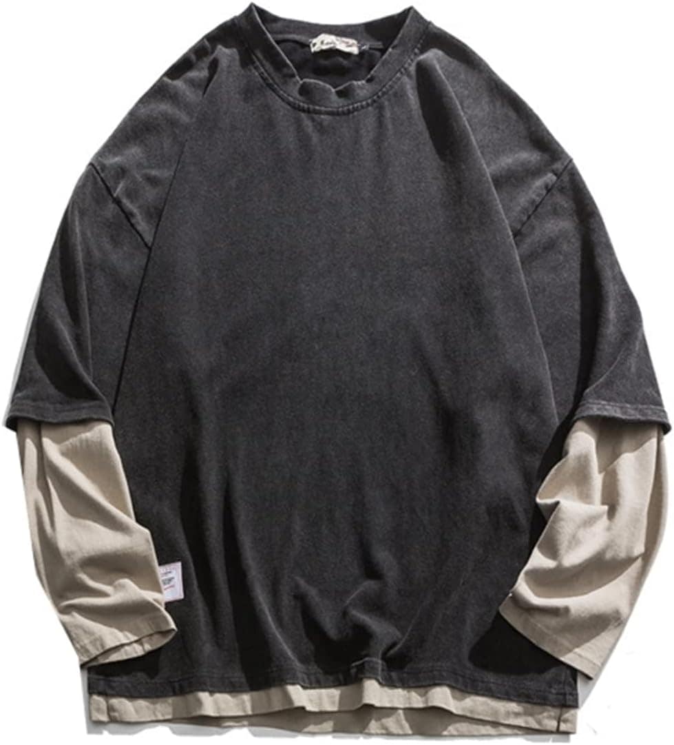 パーカー トレーナー 男性 春秋服 長袖 重ね着風 カジュアル シンプル カッコイイ 丈長め オーバーサイズ クルーネック 体型パカー プルオーバー 肌触りがいい 柔らかい 流行し 通気 伸縮性 切り