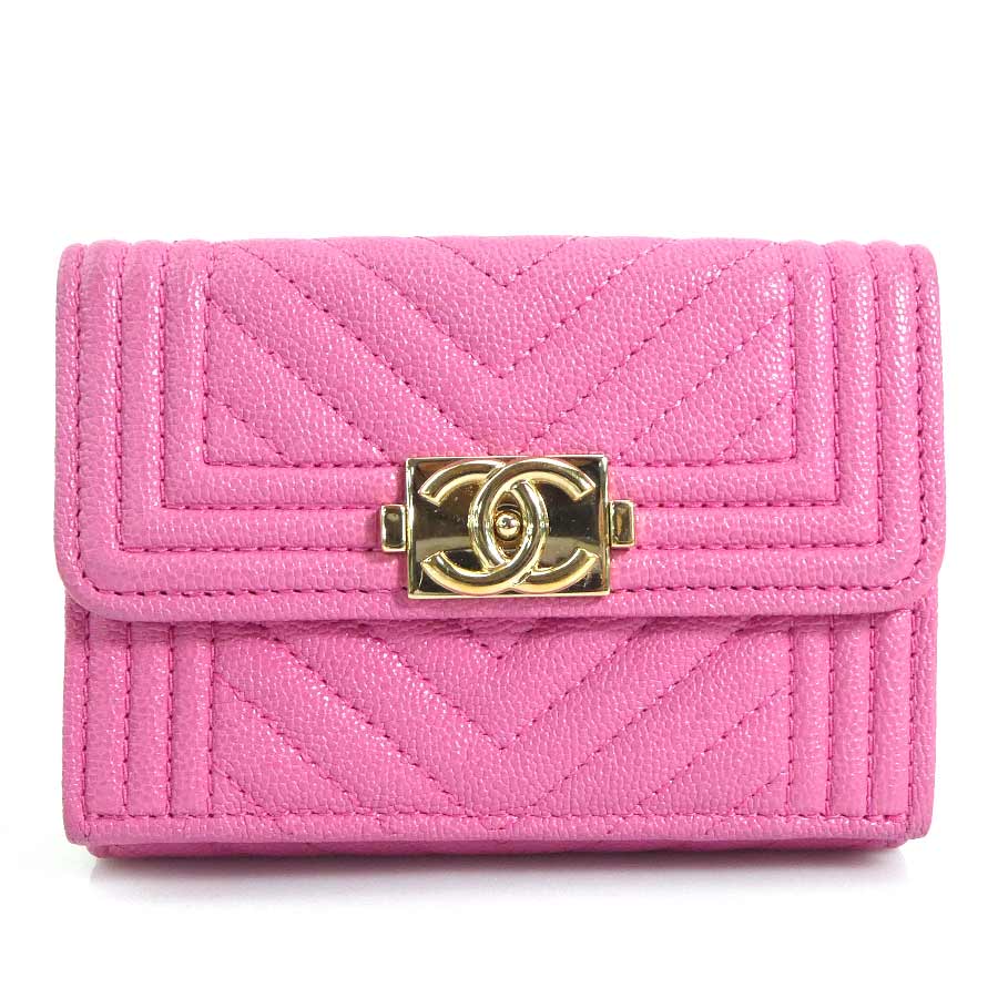 シャネル CHANEL 三つ折り財布 キャビアスキンレザー ピンク ゴールド レディース 55847g