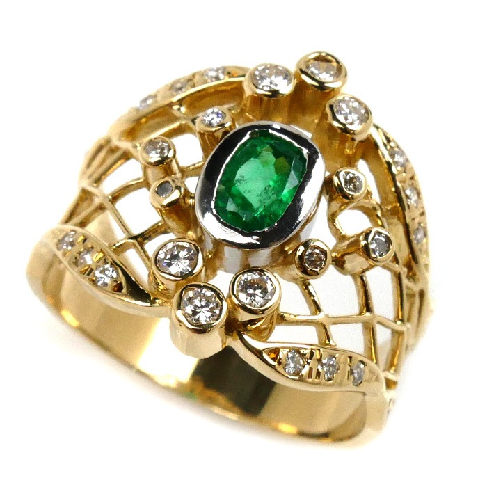 K18YG イエローゴールド リング・指輪 エメラルド0.44ct ダイヤモンド0.33ct 11号 5.9g レディース 中古 美品