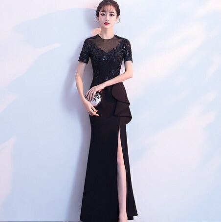 ロングドレス シースルー×レース装飾デザイン ストレッチ マーメイドライン（ブラック）【マキシワンピース パーティー キャバ お呼ばれ ロングドレス】【】