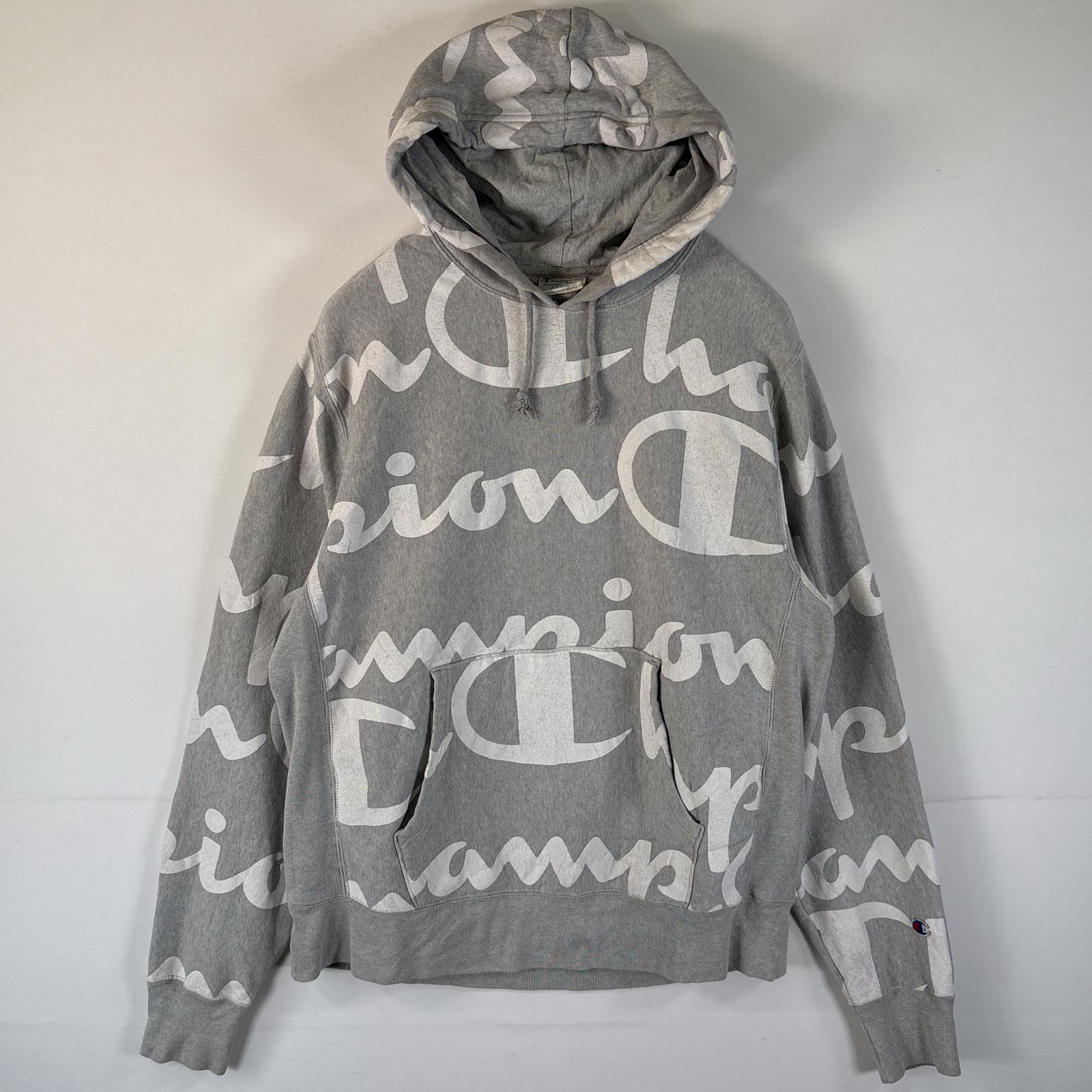 古着 パーカー リバーススウィーブ 総柄 ロゴデザイン フーディ プルオーバー LARGE グレー メンズ