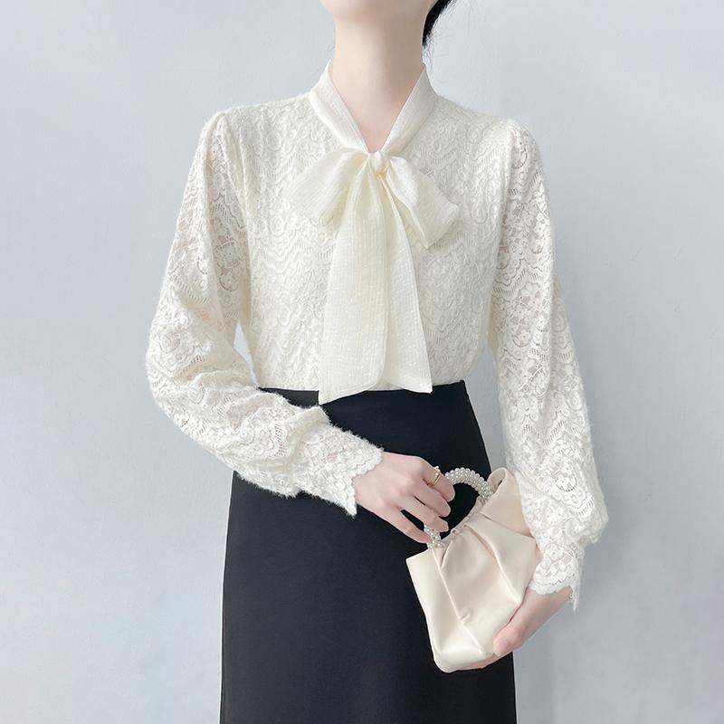 ブラウス リボン ボウタイ レース シャツ レディース 秋冬 暖かい トップス レーシー フォーマル 大人 上品 シンプル ファッション