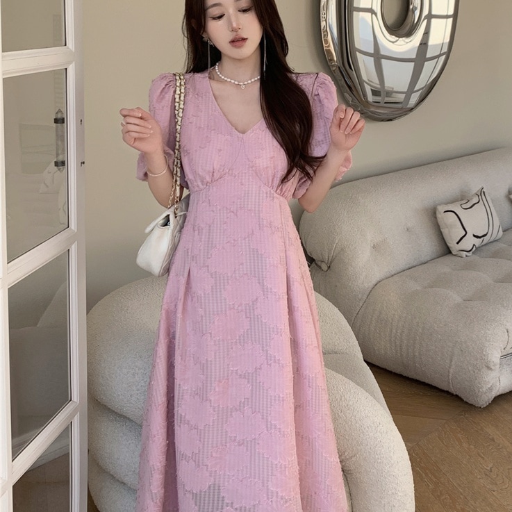 ワンピース ロングワンピース 半袖 Vネック 胸元 ロング丈 ウエストマーク 刺繡 シースルー セミフレア かわいい 大人可愛い きれいめ シンプル 上品 おしゃれ かっこいい レトロ こなれ感