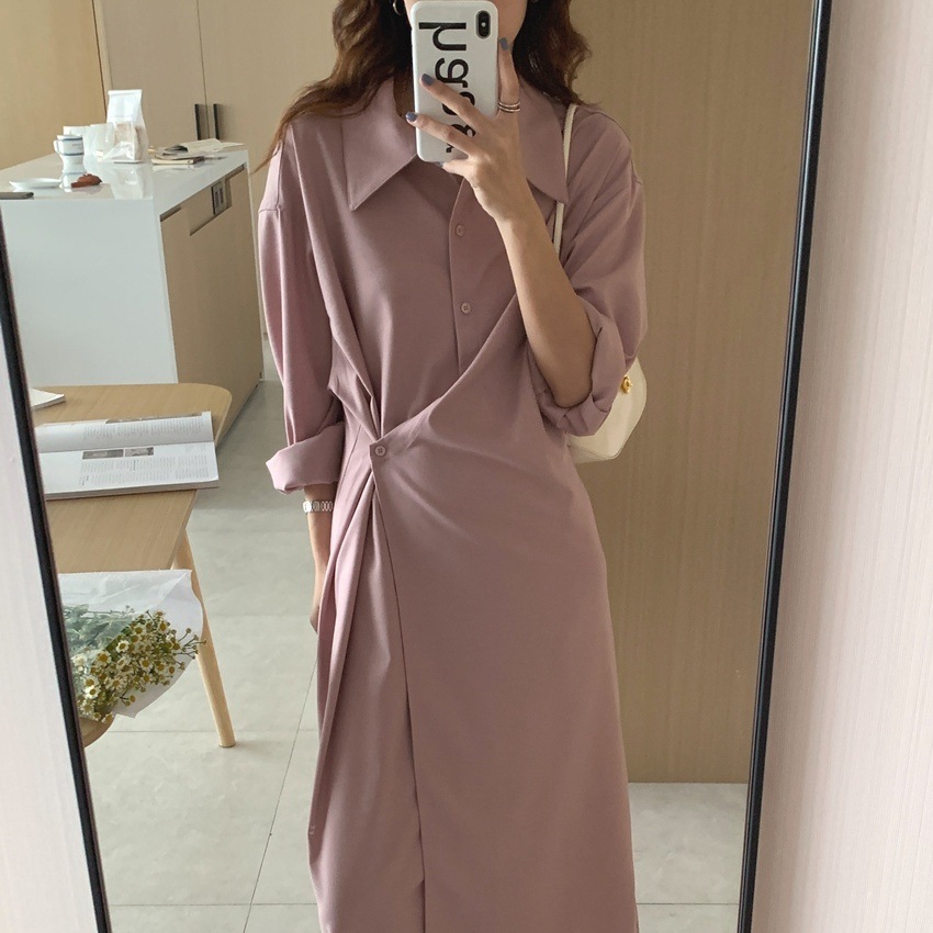 ワンピース シャツワンピース ラップ風 ミモレ丈 袖あり 長袖 ドロップショルダー Vネック 襟付き ポロ襟 ワイド 前開き 大人可愛い きれいめ シンプル カジュアル 大人 上品 お洒落 大人女子