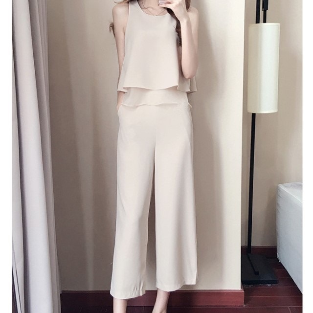 夏の新作 シフォン パンツセット ノースリーブ エレガント 大人 パーティ 通学 2段フリル fh0074