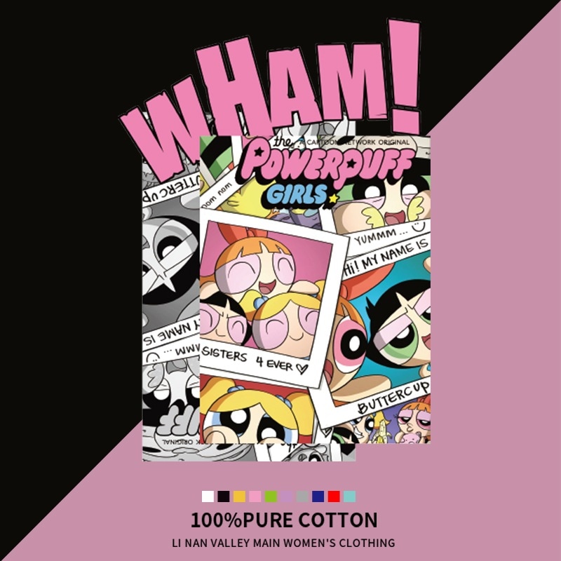 パワーパフガールズ女性用半袖tシャツイントレンディな和風原宿スタイル漫画コットントップルーズ仲良し衣装姉妹