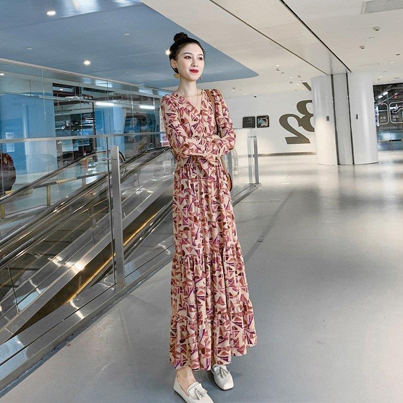 ワンピースレディース春秋オシャレマキシ丈ワンピース長袖Vネックシフォン花柄ワンピースロング丈パーティー結婚式