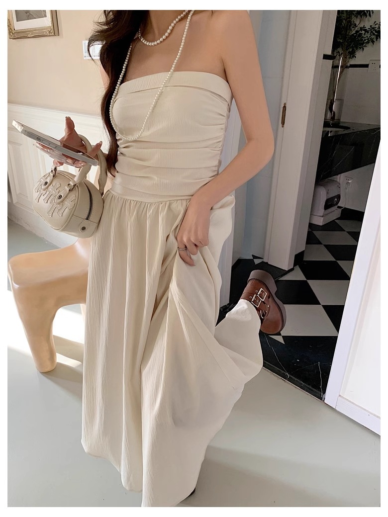 夏 デザインセンス プリーツ ハイウエスト ソリッドカラー チューブ トップ ドレス 女性 個性的 ワンピース ロング ロング丈 マキシ マキシ丈 袖あり 襟なし きれいめ シンプル 大人 上品