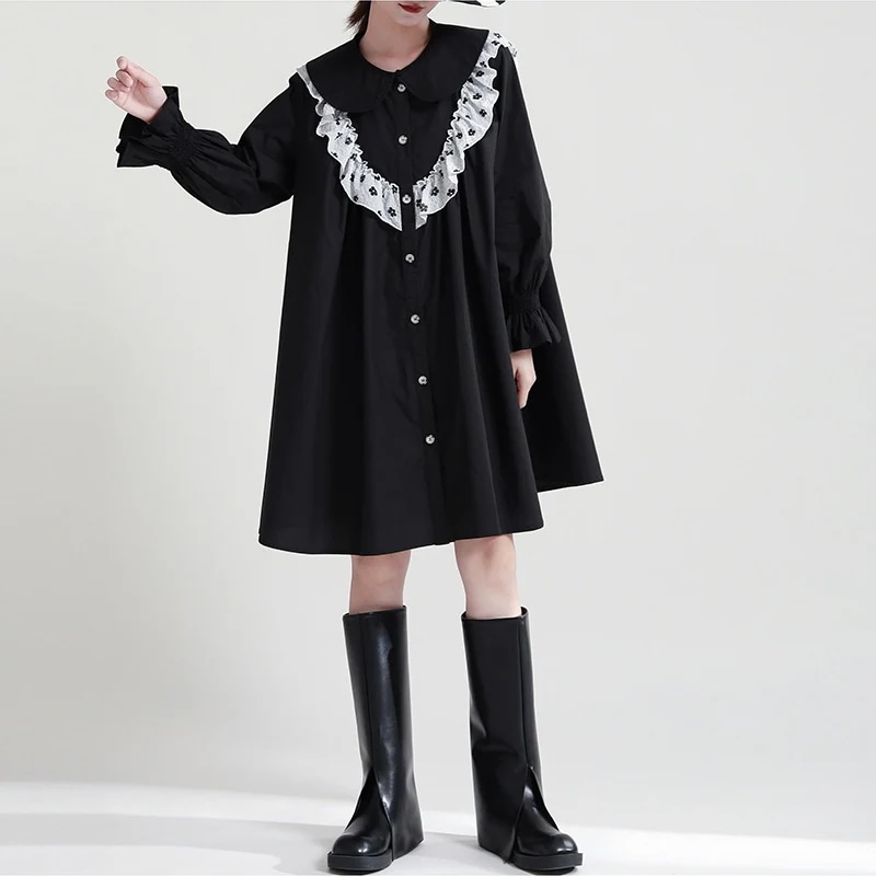 レディースカジュアルファッション長袖ワンピース黒シャツゆったり大きいサイズワイシャツ着痩せトップス春
