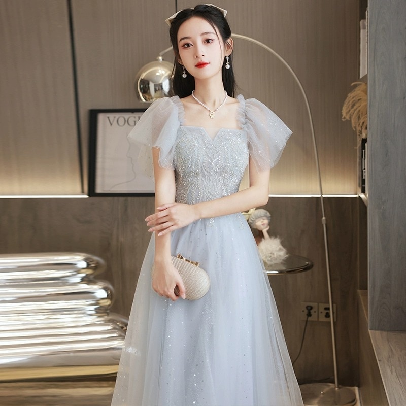 シルバーグレーの仙気イブニングドレス女性卒業芸術考軽度な成人式司会者ピアノ演奏公演服